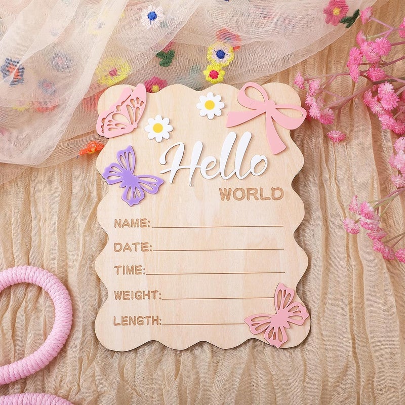 Ajcotahm Hello World Newborn Sign, 5.8 x 7.4 Inch Butterfly Daisy Baby Announcement Sign Wooden Bow Birth Welcome Board for Newborn Boys Girls Photo Props Baby Shower Hospital Nursery - Image 3